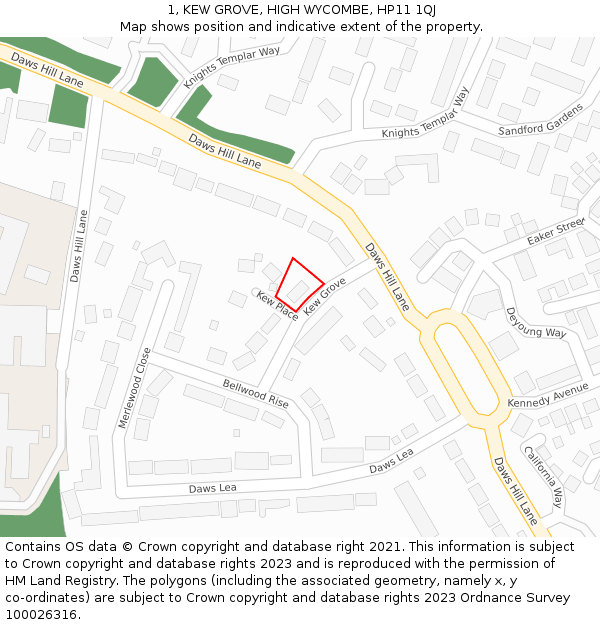 1, KEW GROVE, HIGH WYCOMBE, HP11 1QJ: Location map and indicative extent of plot