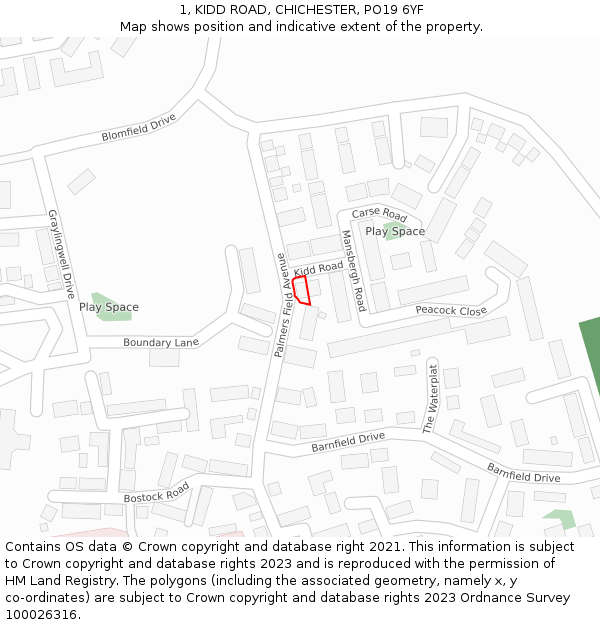 1, KIDD ROAD, CHICHESTER, PO19 6YF: Location map and indicative extent of plot
