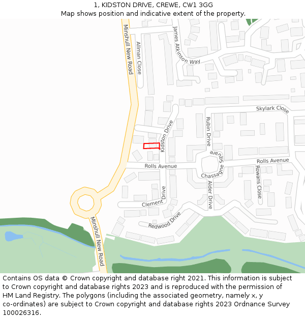 1, KIDSTON DRIVE, CREWE, CW1 3GG: Location map and indicative extent of plot