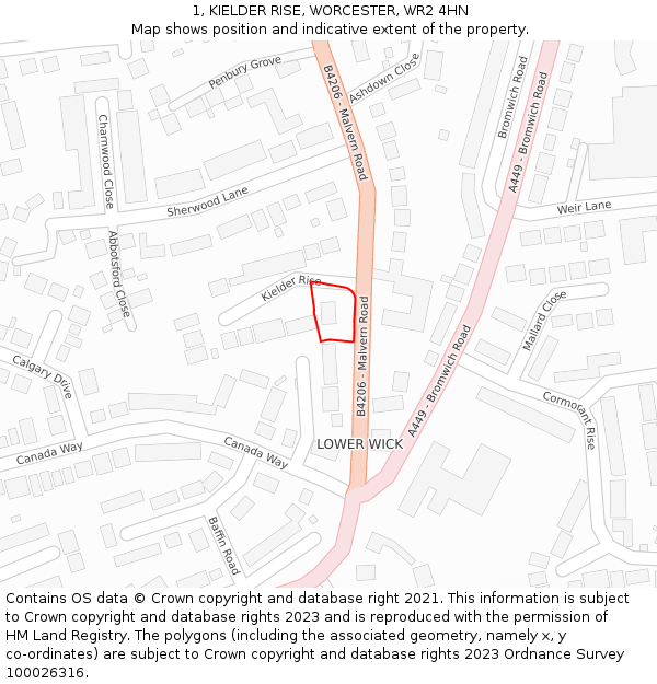 1, KIELDER RISE, WORCESTER, WR2 4HN: Location map and indicative extent of plot