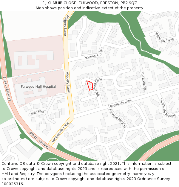 1, KILMUIR CLOSE, FULWOOD, PRESTON, PR2 9QZ: Location map and indicative extent of plot