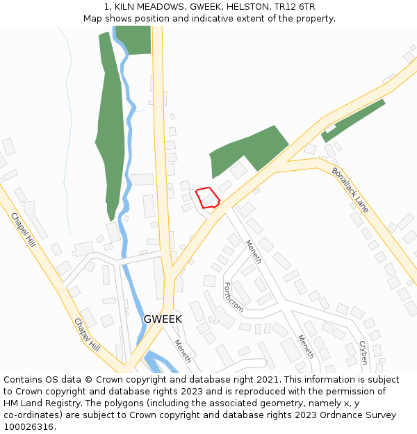 1, KILN MEADOWS, GWEEK, HELSTON, TR12 6TR: Location map and indicative extent of plot