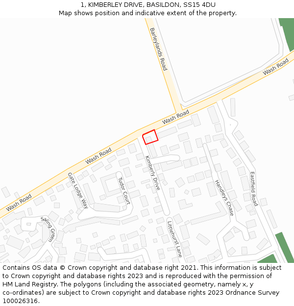 1, KIMBERLEY DRIVE, BASILDON, SS15 4DU: Location map and indicative extent of plot