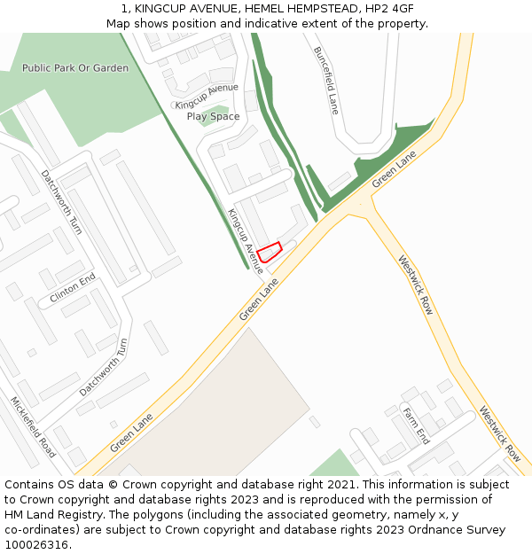 1, KINGCUP AVENUE, HEMEL HEMPSTEAD, HP2 4GF: Location map and indicative extent of plot