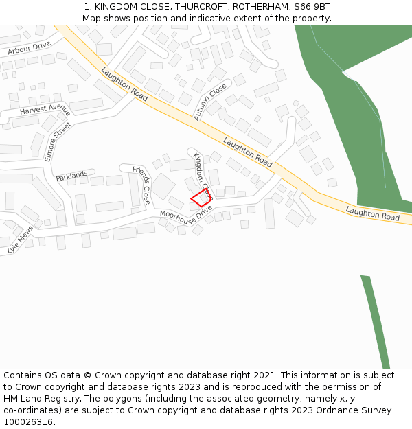 1, KINGDOM CLOSE, THURCROFT, ROTHERHAM, S66 9BT: Location map and indicative extent of plot