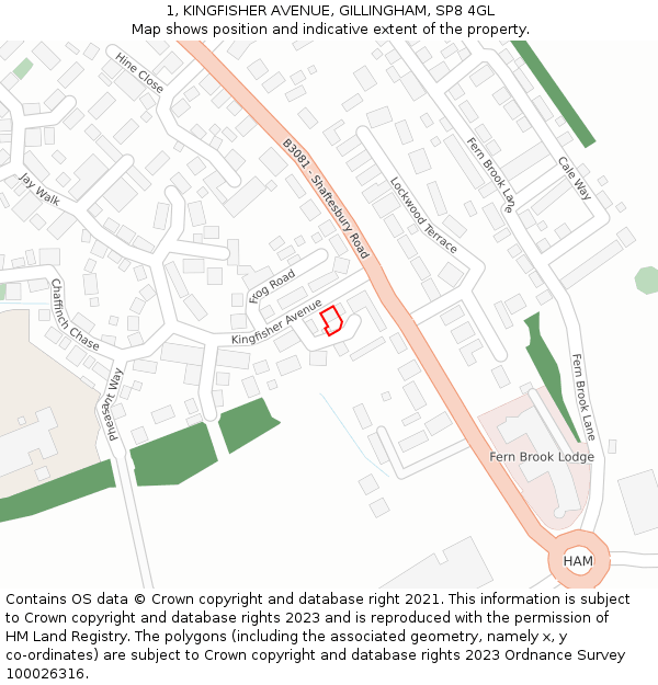 1, KINGFISHER AVENUE, GILLINGHAM, SP8 4GL: Location map and indicative extent of plot