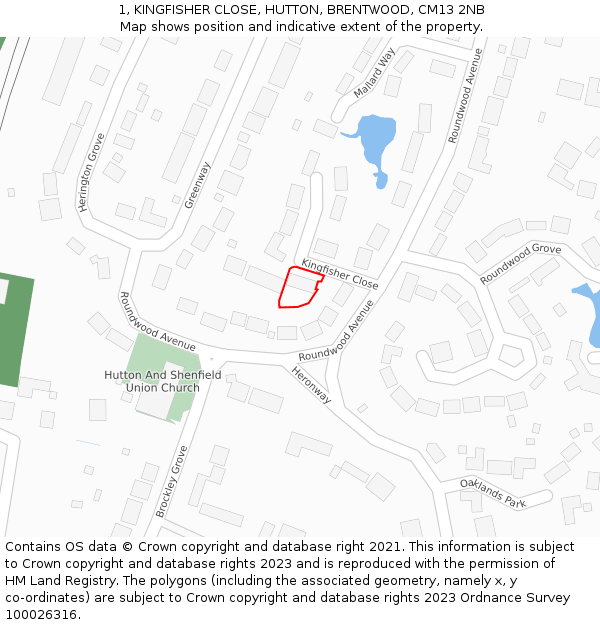 1, KINGFISHER CLOSE, HUTTON, BRENTWOOD, CM13 2NB: Location map and indicative extent of plot