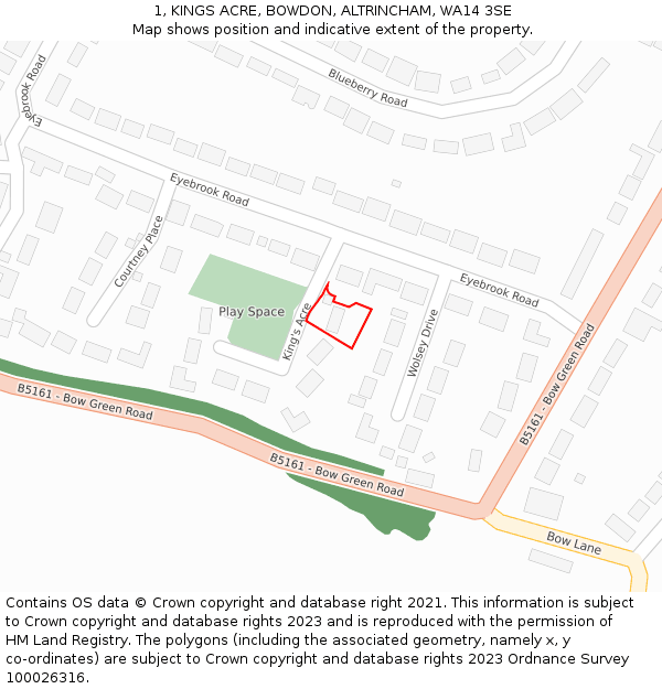 1, KINGS ACRE, BOWDON, ALTRINCHAM, WA14 3SE: Location map and indicative extent of plot