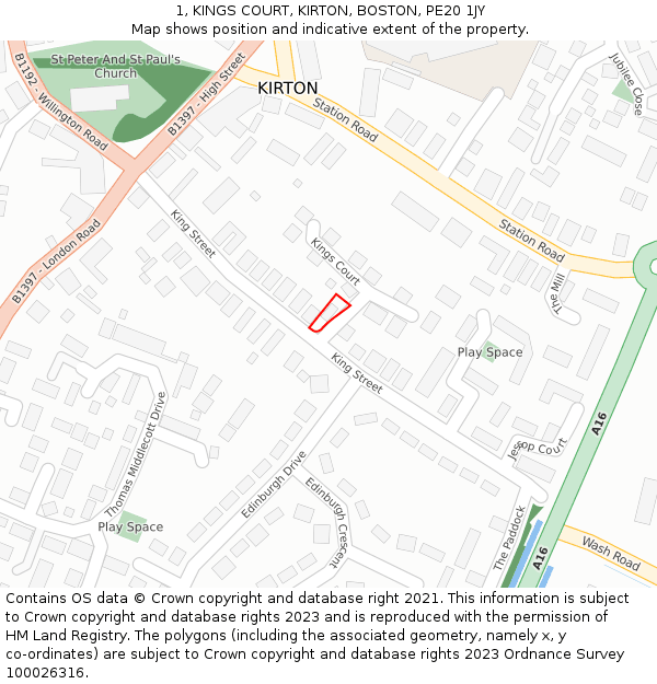 1, KINGS COURT, KIRTON, BOSTON, PE20 1JY: Location map and indicative extent of plot