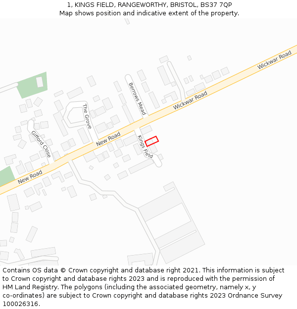 1, KINGS FIELD, RANGEWORTHY, BRISTOL, BS37 7QP: Location map and indicative extent of plot