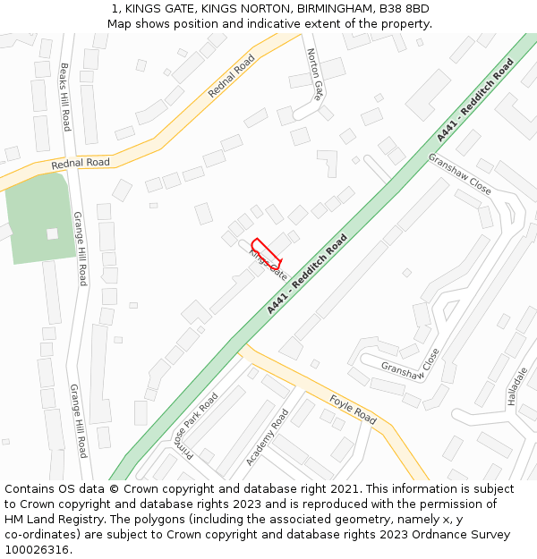 1, KINGS GATE, KINGS NORTON, BIRMINGHAM, B38 8BD: Location map and indicative extent of plot