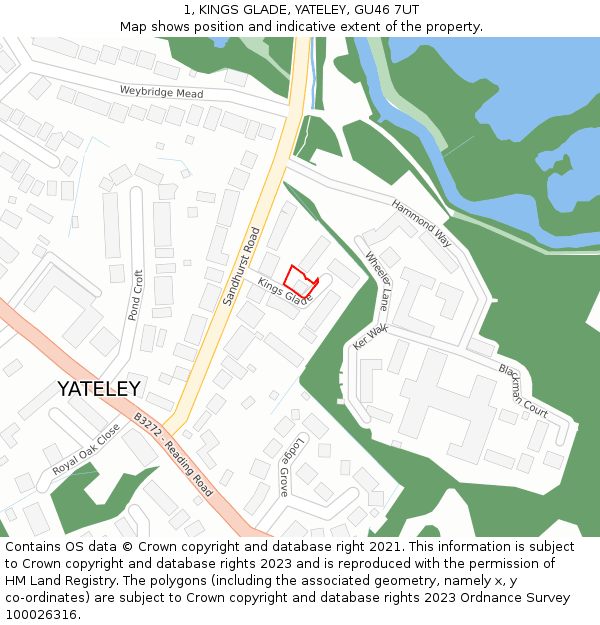 1, KINGS GLADE, YATELEY, GU46 7UT: Location map and indicative extent of plot