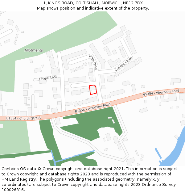 1, KINGS ROAD, COLTISHALL, NORWICH, NR12 7DX: Location map and indicative extent of plot