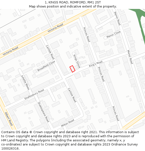 1, KINGS ROAD, ROMFORD, RM1 2ST: Location map and indicative extent of plot