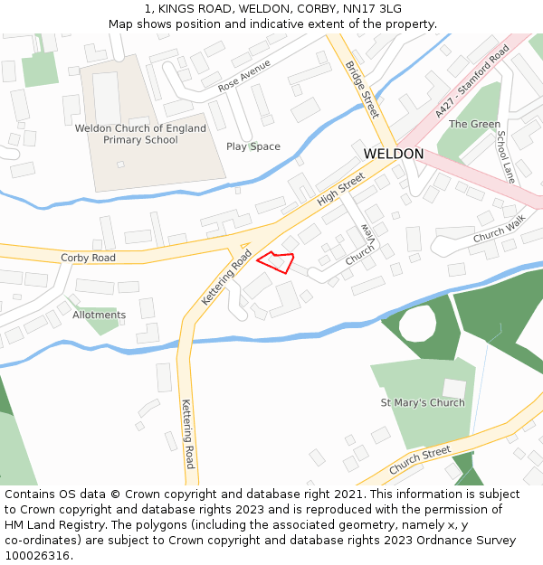 1, KINGS ROAD, WELDON, CORBY, NN17 3LG: Location map and indicative extent of plot