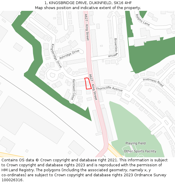 1, KINGSBRIDGE DRIVE, DUKINFIELD, SK16 4HF: Location map and indicative extent of plot