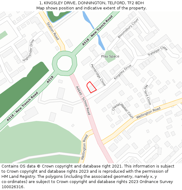 1, KINGSLEY DRIVE, DONNINGTON, TELFORD, TF2 8DH: Location map and indicative extent of plot
