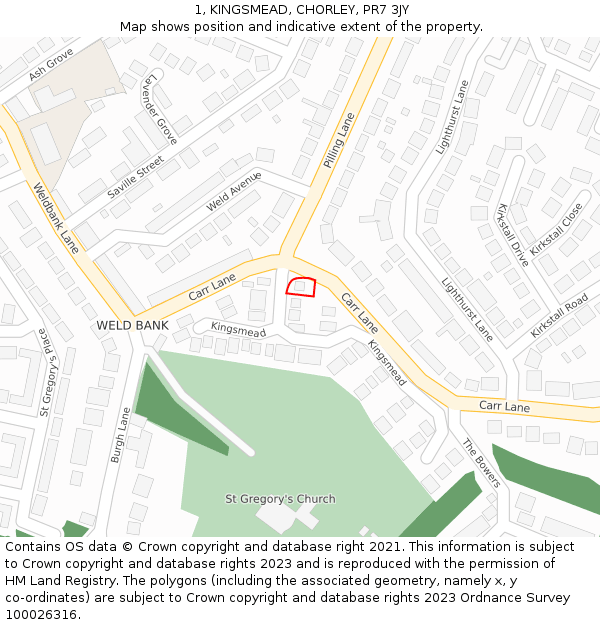 1, KINGSMEAD, CHORLEY, PR7 3JY: Location map and indicative extent of plot