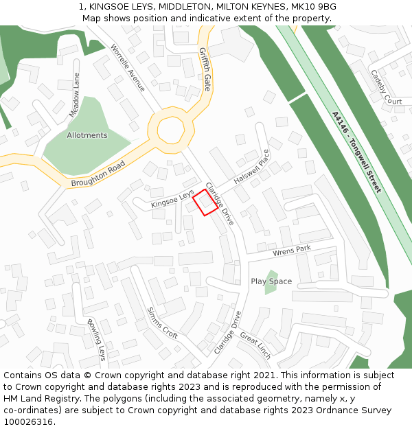 1, KINGSOE LEYS, MIDDLETON, MILTON KEYNES, MK10 9BG: Location map and indicative extent of plot