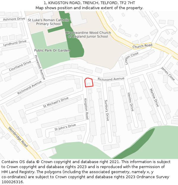 1, KINGSTON ROAD, TRENCH, TELFORD, TF2 7HT: Location map and indicative extent of plot