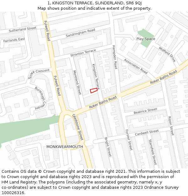 1, KINGSTON TERRACE, SUNDERLAND, SR6 9QJ: Location map and indicative extent of plot