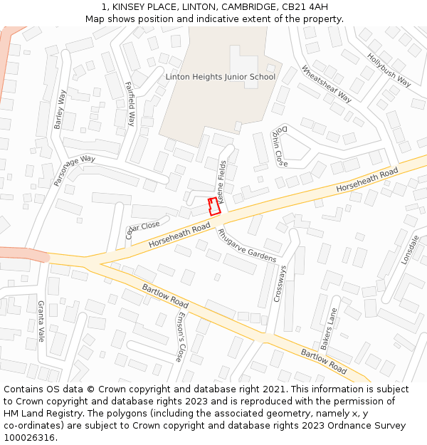 1, KINSEY PLACE, LINTON, CAMBRIDGE, CB21 4AH: Location map and indicative extent of plot