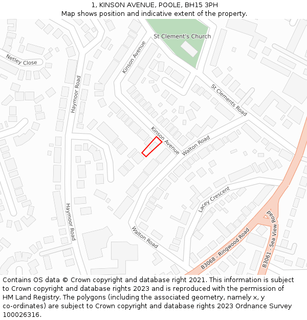 1, KINSON AVENUE, POOLE, BH15 3PH: Location map and indicative extent of plot