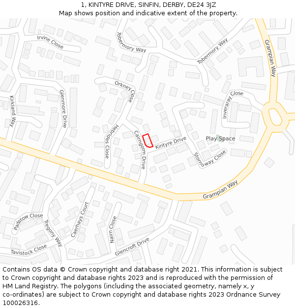 1, KINTYRE DRIVE, SINFIN, DERBY, DE24 3JZ: Location map and indicative extent of plot