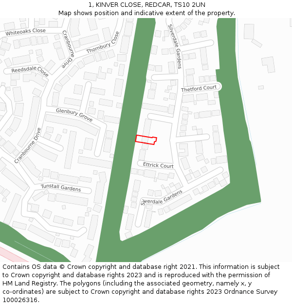 1, KINVER CLOSE, REDCAR, TS10 2UN: Location map and indicative extent of plot