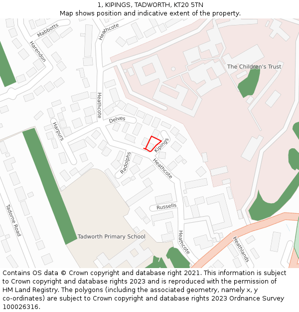 1, KIPINGS, TADWORTH, KT20 5TN: Location map and indicative extent of plot
