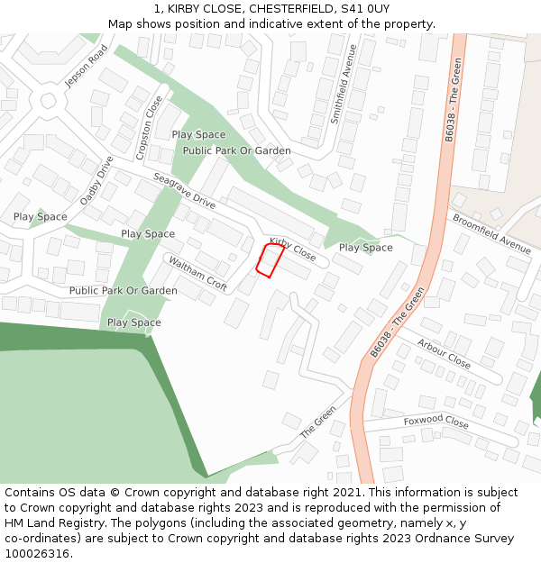 1, KIRBY CLOSE, CHESTERFIELD, S41 0UY: Location map and indicative extent of plot