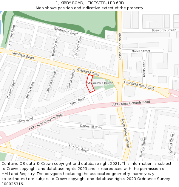 1, KIRBY ROAD, LEICESTER, LE3 6BD: Location map and indicative extent of plot