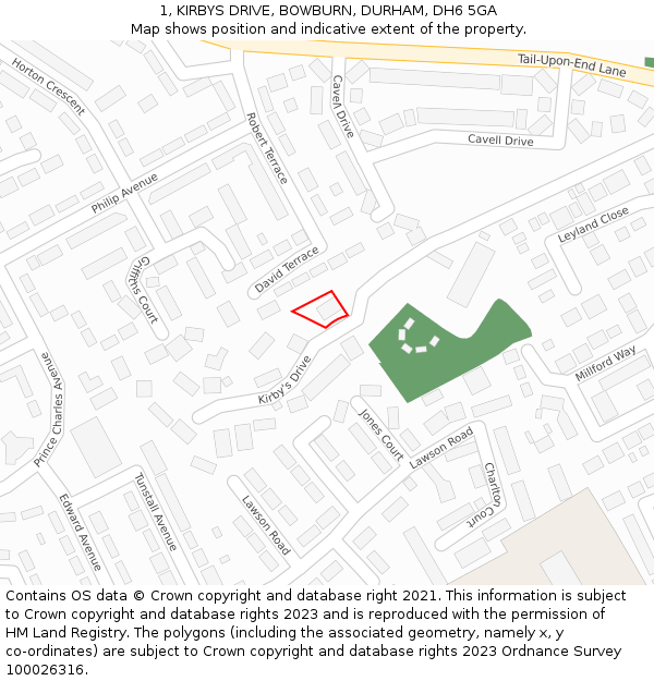 1, KIRBYS DRIVE, BOWBURN, DURHAM, DH6 5GA: Location map and indicative extent of plot
