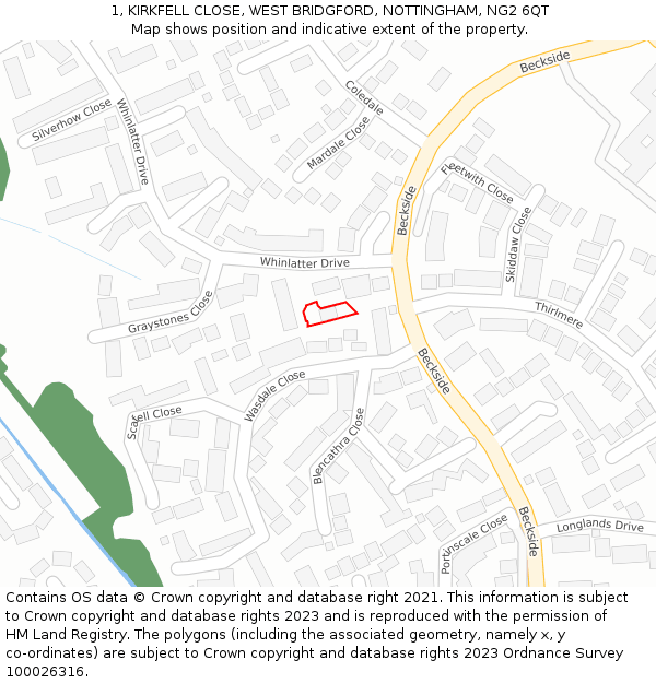 1, KIRKFELL CLOSE, WEST BRIDGFORD, NOTTINGHAM, NG2 6QT: Location map and indicative extent of plot