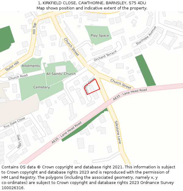 1, KIRKFIELD CLOSE, CAWTHORNE, BARNSLEY, S75 4DU: Location map and indicative extent of plot