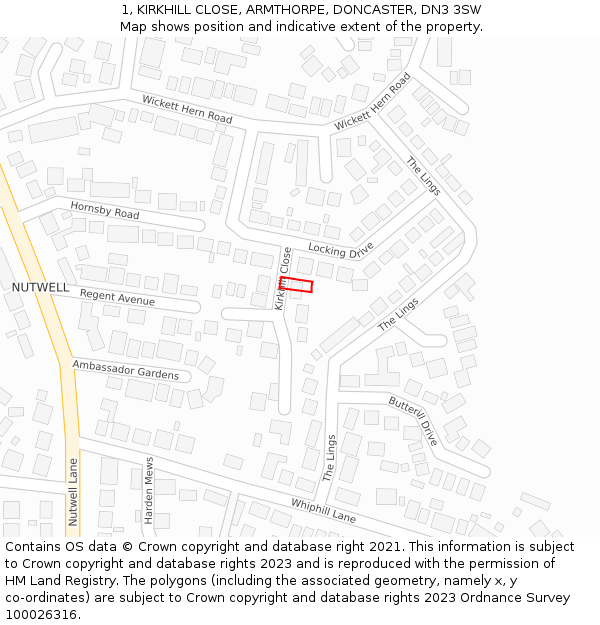 1, KIRKHILL CLOSE, ARMTHORPE, DONCASTER, DN3 3SW: Location map and indicative extent of plot