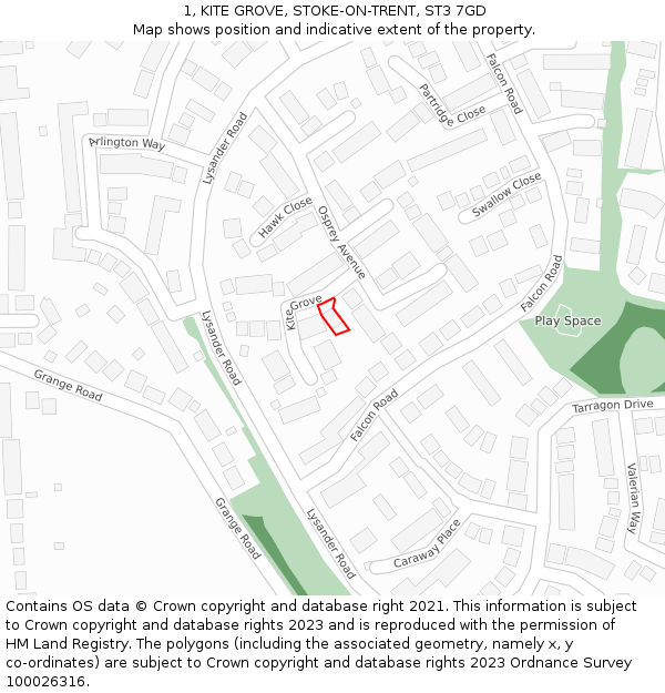 1, KITE GROVE, STOKE-ON-TRENT, ST3 7GD: Location map and indicative extent of plot