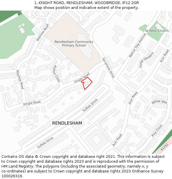 1, KNIGHT ROAD, RENDLESHAM, WOODBRIDGE, IP12 2GR: Location map and indicative extent of plot