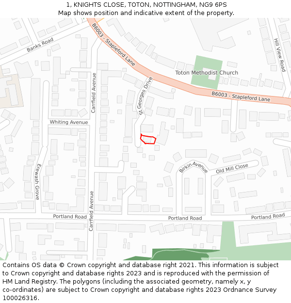 1, KNIGHTS CLOSE, TOTON, NOTTINGHAM, NG9 6PS: Location map and indicative extent of plot