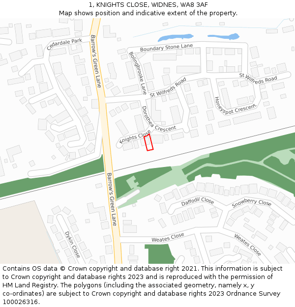 1, KNIGHTS CLOSE, WIDNES, WA8 3AF: Location map and indicative extent of plot