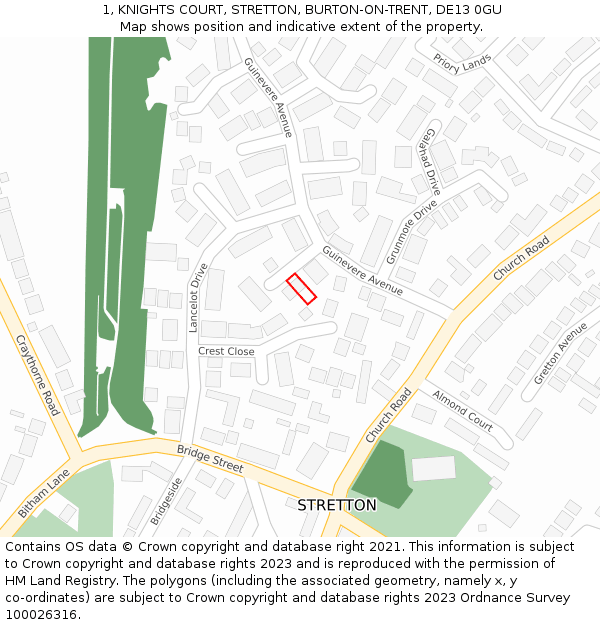 1, KNIGHTS COURT, STRETTON, BURTON-ON-TRENT, DE13 0GU: Location map and indicative extent of plot