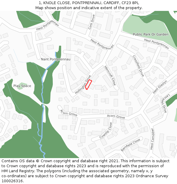 1, KNOLE CLOSE, PONTPRENNAU, CARDIFF, CF23 8PL: Location map and indicative extent of plot