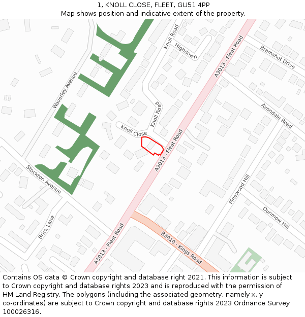 1, KNOLL CLOSE, FLEET, GU51 4PP: Location map and indicative extent of plot