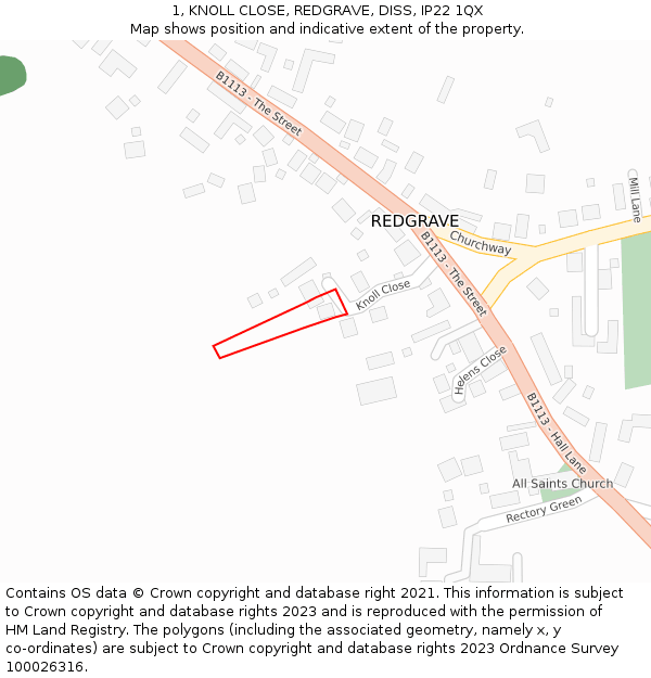 1, KNOLL CLOSE, REDGRAVE, DISS, IP22 1QX: Location map and indicative extent of plot