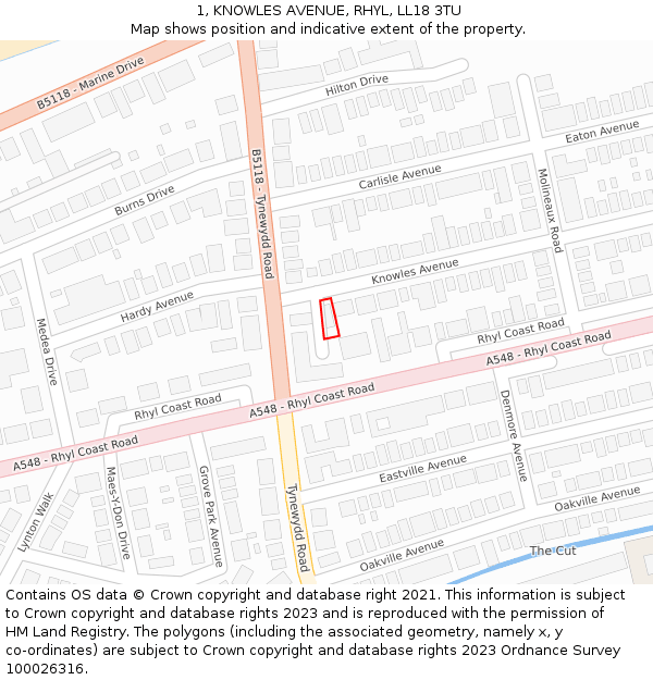 1, KNOWLES AVENUE, RHYL, LL18 3TU: Location map and indicative extent of plot