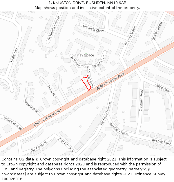 1, KNUSTON DRIVE, RUSHDEN, NN10 9AB: Location map and indicative extent of plot