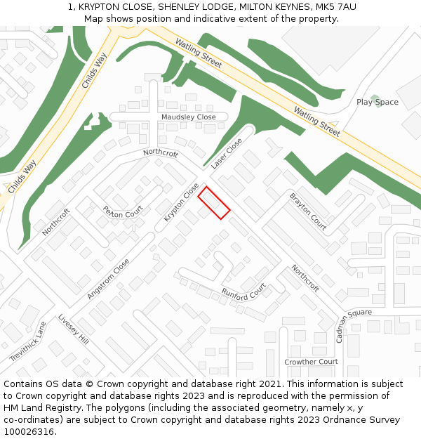1, KRYPTON CLOSE, SHENLEY LODGE, MILTON KEYNES, MK5 7AU: Location map and indicative extent of plot