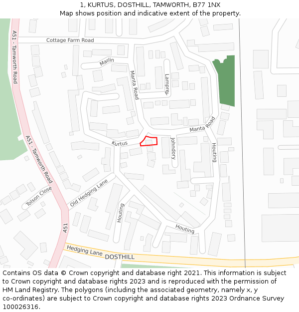 1, KURTUS, DOSTHILL, TAMWORTH, B77 1NX: Location map and indicative extent of plot