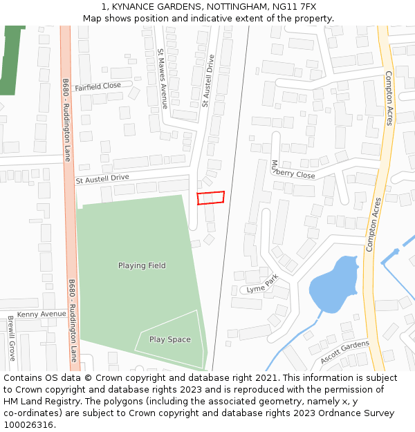 1, KYNANCE GARDENS, NOTTINGHAM, NG11 7FX: Location map and indicative extent of plot