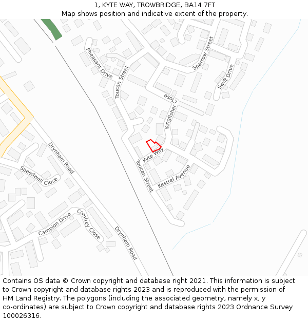 1, KYTE WAY, TROWBRIDGE, BA14 7FT: Location map and indicative extent of plot